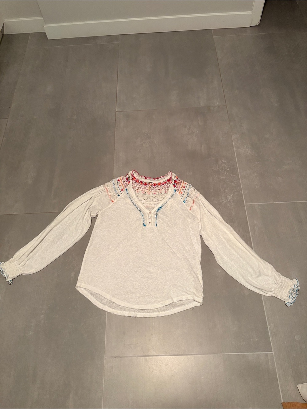Free People White Long-Sleeve Embroidered Peasant Top